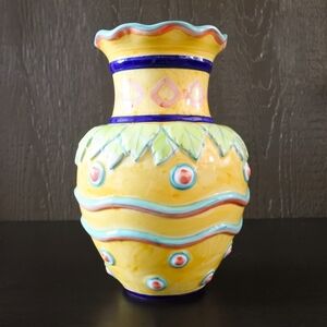 Vintage Handmade Portugal Hand Painted Colorful Yellow Abstract Art Pottery Vase